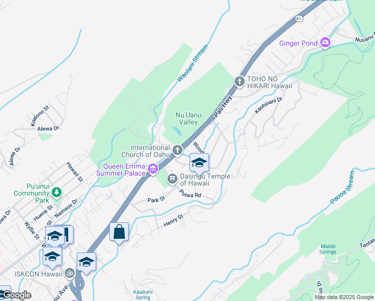 map of restaurants, bars, coffee shops, grocery stores, and more near Hinalo Place in Honolulu