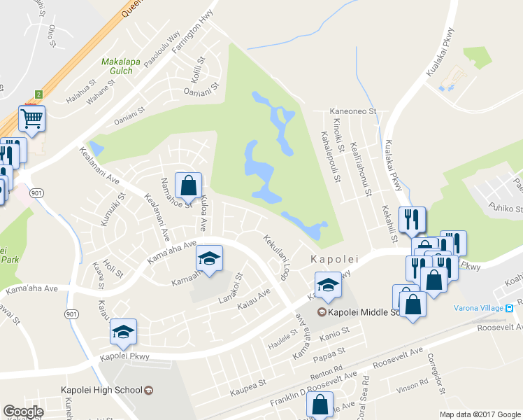 map of restaurants, bars, coffee shops, grocery stores, and more near 91-1058B Keokolo Street in Kapolei