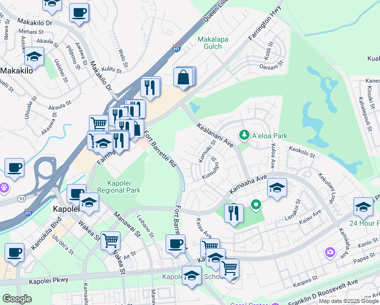 map of restaurants, bars, coffee shops, grocery stores, and more near 91-1013 Akolo Street in Kapolei