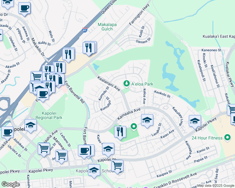 map of restaurants, bars, coffee shops, grocery stores, and more near 91-221 Opio Place in Kapolei
