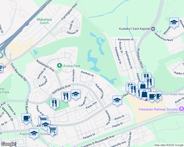 map of restaurants, bars, coffee shops, grocery stores, and more near 91-1058B Keokolo Street in Kapolei