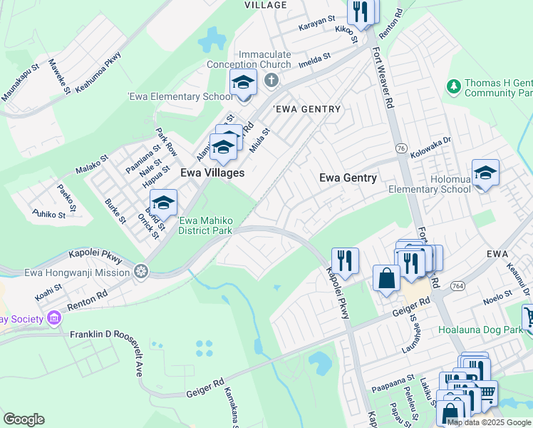 map of restaurants, bars, coffee shops, grocery stores, and more near 91-525 Puamaeole Street in Ewa Beach