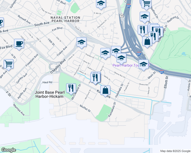 map of restaurants, bars, coffee shops, grocery stores, and more near 7416 Ohana Nui Circle in Honolulu