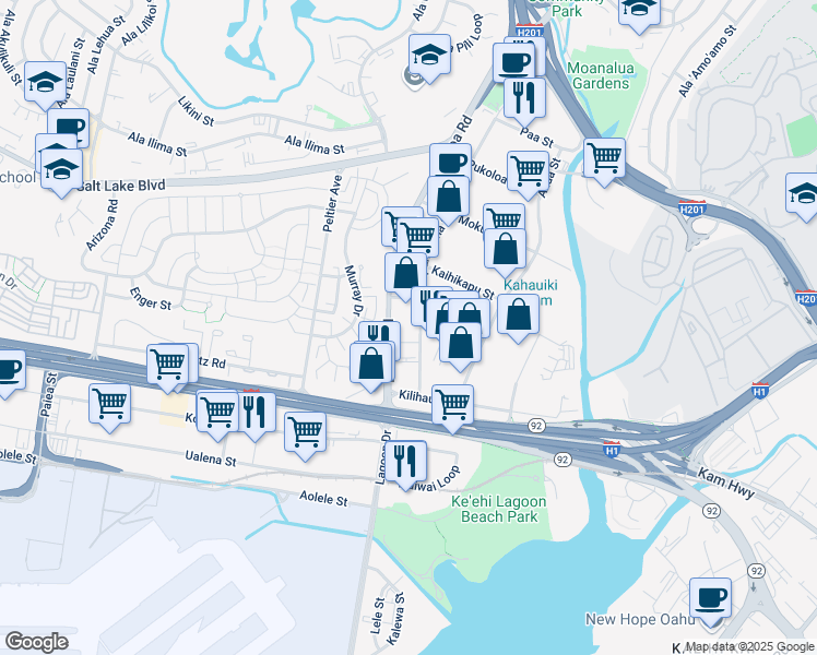 map of restaurants, bars, coffee shops, grocery stores, and more near 704 Mapunapuna Street in Honolulu
