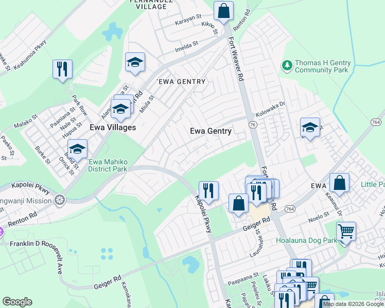 map of restaurants, bars, coffee shops, grocery stores, and more near 91-1109 Mikohu Street in Ewa Beach