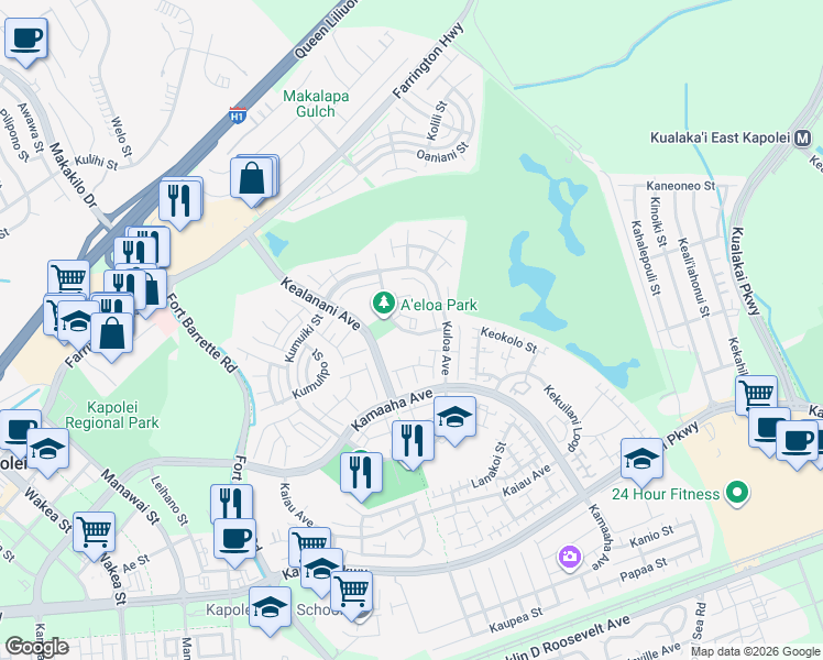 map of restaurants, bars, coffee shops, grocery stores, and more near 91-1105 Namahoe Street in Kapolei