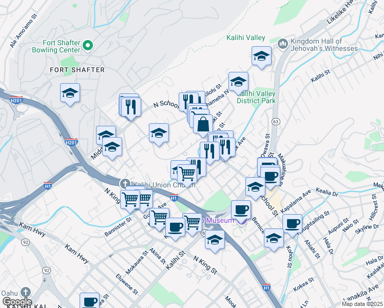 map of restaurants, bars, coffee shops, grocery stores, and more near 1574 Linapuni Street in Honolulu
