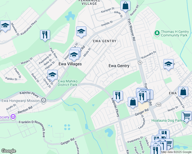 map of restaurants, bars, coffee shops, grocery stores, and more near 91-1019 Puaniu Street in Ewa Beach