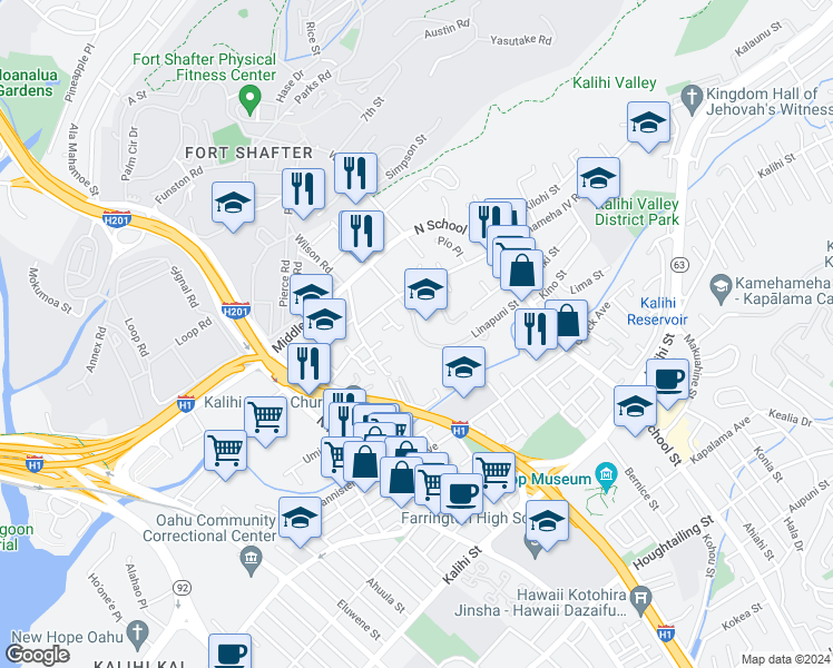 map of restaurants, bars, coffee shops, grocery stores, and more near 1445 Linapuni Street in Honolulu