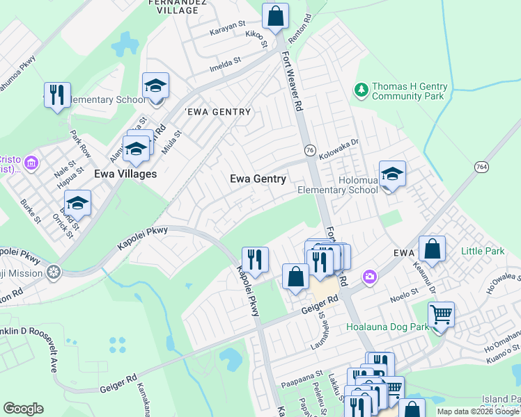 map of restaurants, bars, coffee shops, grocery stores, and more near 91-1057 Laaulu Street in Ewa Beach