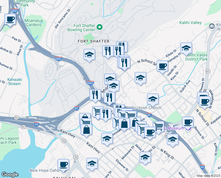 map of restaurants, bars, coffee shops, grocery stores, and more near in Honolulu