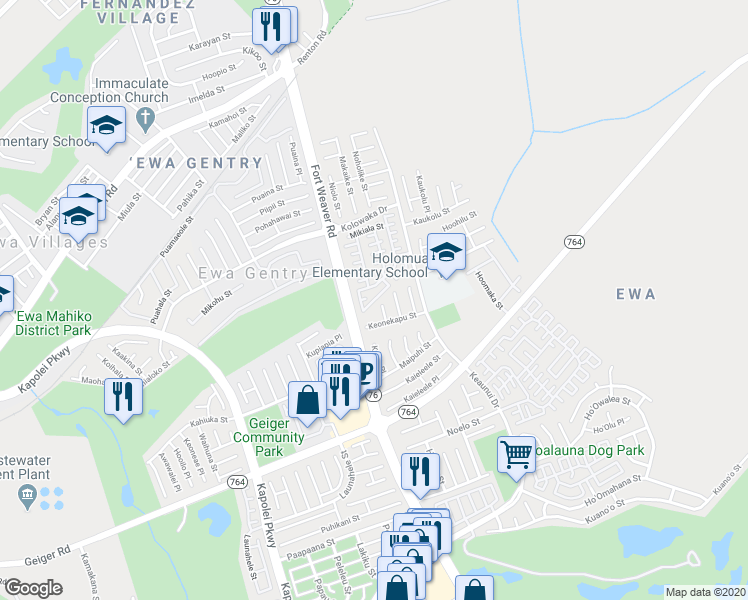 map of restaurants, bars, coffee shops, grocery stores, and more near 91-1005 Leleoi Street in Ewa Beach