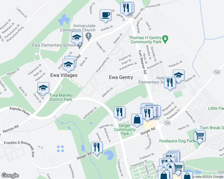 map of restaurants, bars, coffee shops, grocery stores, and more near 91-1150 Mikohu Street in Ewa Beach