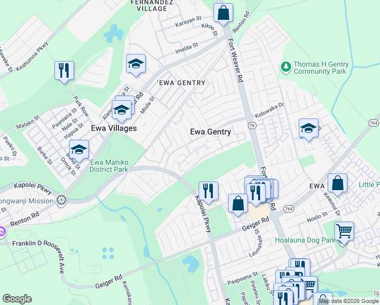 map of restaurants, bars, coffee shops, grocery stores, and more near 91-1150 Mikohu Street in Ewa Beach