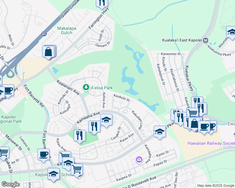 map of restaurants, bars, coffee shops, grocery stores, and more near 91-1022 Keokolo Street in Kapolei