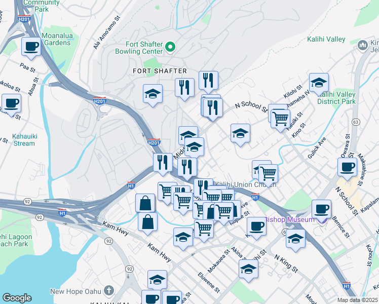 map of restaurants, bars, coffee shops, grocery stores, and more near 1121 Middle Street in Honolulu