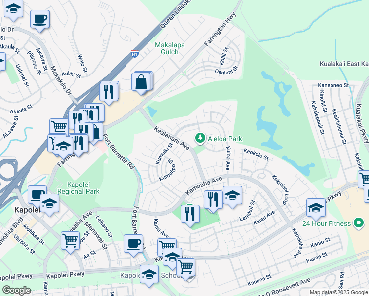 map of restaurants, bars, coffee shops, grocery stores, and more near 232 Opio Place in Kapolei