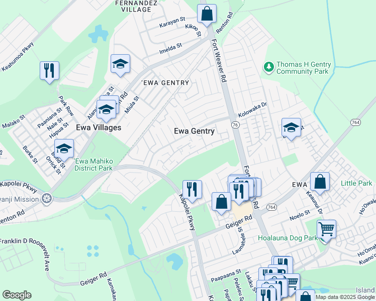 map of restaurants, bars, coffee shops, grocery stores, and more near 91-1150 Mikohu Street in Ewa Beach