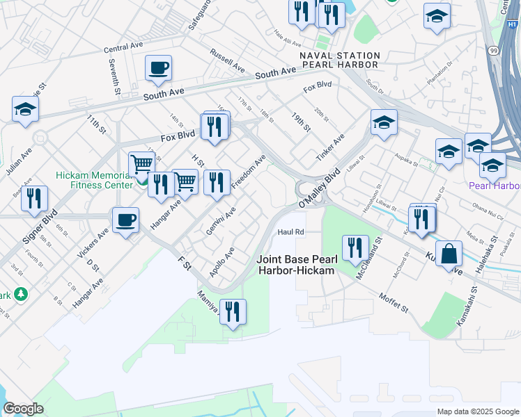 map of restaurants, bars, coffee shops, grocery stores, and more near Apollo Avenue in Honolulu