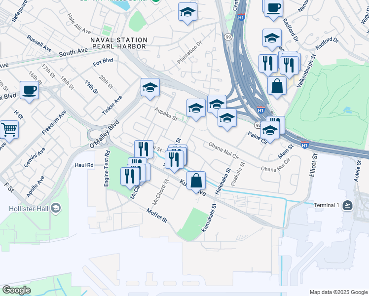 map of restaurants, bars, coffee shops, grocery stores, and more near 7416 Ohana Nui Circle in Honolulu