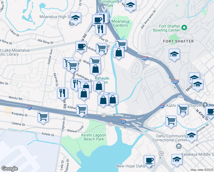 map of restaurants, bars, coffee shops, grocery stores, and more near 729 Kakoi Street in Honolulu