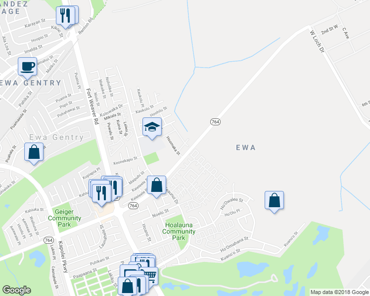 map of restaurants, bars, coffee shops, grocery stores, and more near 91-1021B Manaolana Street in Ewa Beach