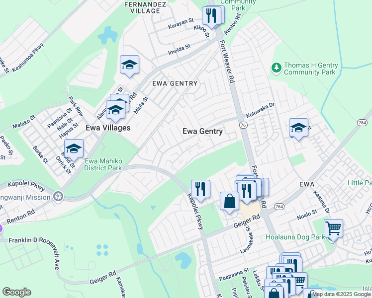 map of restaurants, bars, coffee shops, grocery stores, and more near 91-1150 Mikohu Street in Ewa Beach