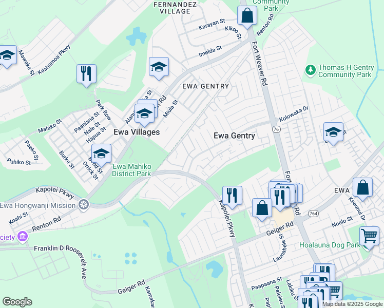 map of restaurants, bars, coffee shops, grocery stores, and more near 91-1019 Puaniu Street in Ewa Beach