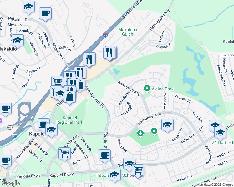 map of restaurants, bars, coffee shops, grocery stores, and more near 91-212 Haawina Place in Kapolei