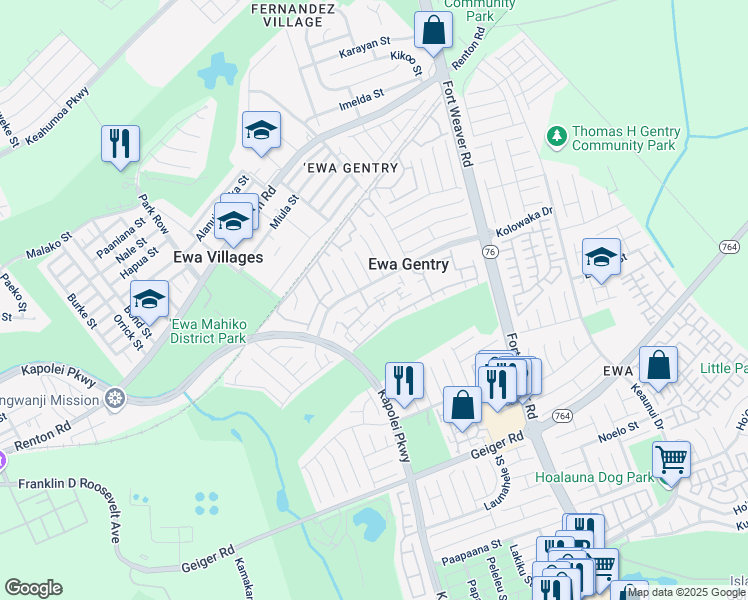 map of restaurants, bars, coffee shops, grocery stores, and more near 91-1140 Mikohu Street in Ewa Beach