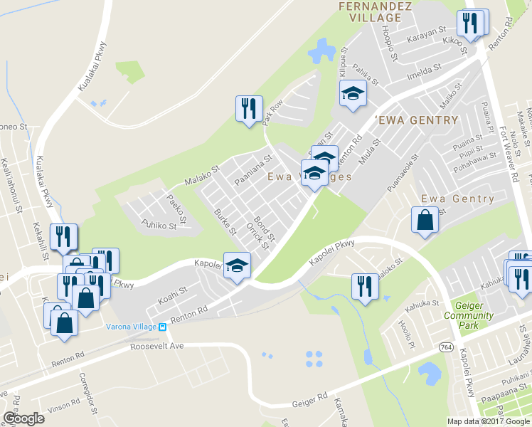 map of restaurants, bars, coffee shops, grocery stores, and more near 91-1114 Halemano Street in Ewa Beach