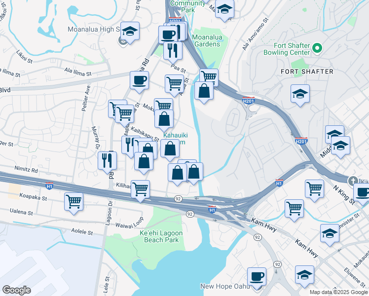 map of restaurants, bars, coffee shops, grocery stores, and more near 729 Kakoi Street in Honolulu