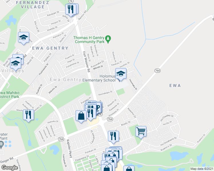 map of restaurants, bars, coffee shops, grocery stores, and more near 91-1561 Kuhiawaho Place in Ewa Beach