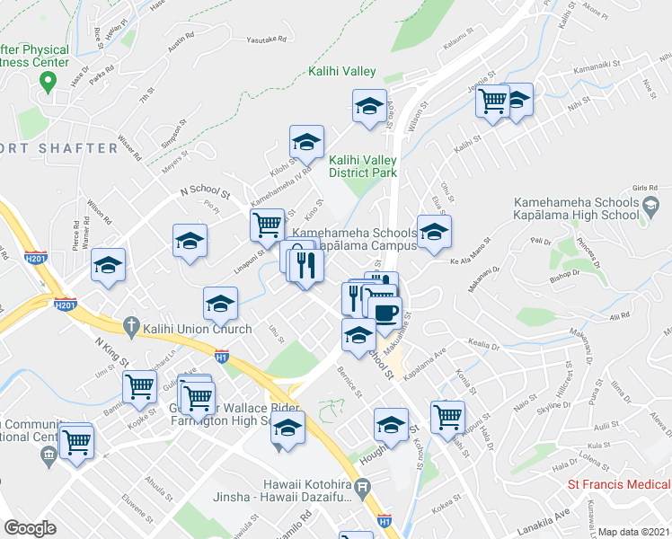 map of restaurants, bars, coffee shops, grocery stores, and more near 2011 Puaala Lane in Honolulu