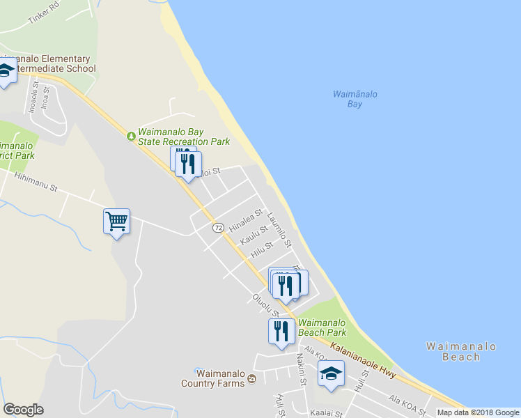 map of restaurants, bars, coffee shops, grocery stores, and more near 41-11 Hinalea Street in Waimanalo