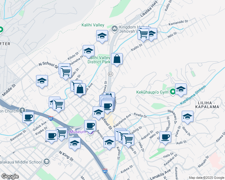map of restaurants, bars, coffee shops, grocery stores, and more near 1863 Hawaii 63 in Honolulu