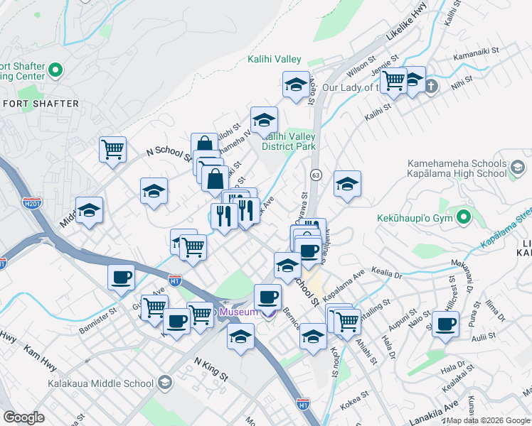 map of restaurants, bars, coffee shops, grocery stores, and more near 2011 Puaala Lane in Honolulu