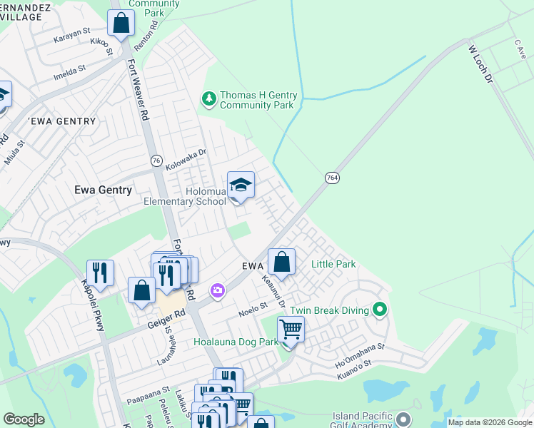 map of restaurants, bars, coffee shops, grocery stores, and more near 91-1036B Hoomaka Street in Ewa Beach