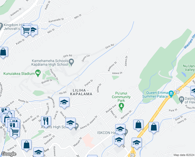 map of restaurants, bars, coffee shops, grocery stores, and more near 1540 Paina Street in Honolulu