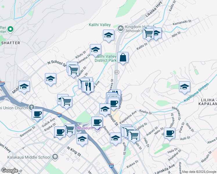 map of restaurants, bars, coffee shops, grocery stores, and more near 1923 Ulana Street in Honolulu