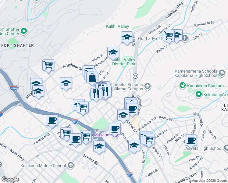map of restaurants, bars, coffee shops, grocery stores, and more near 2011 Puaala Lane in Honolulu