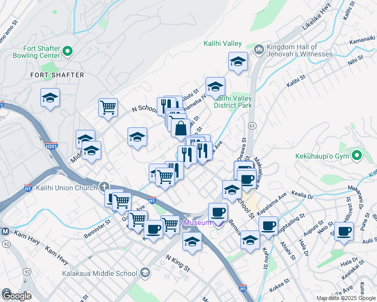 map of restaurants, bars, coffee shops, grocery stores, and more near 1532A Amelia Street in Honolulu