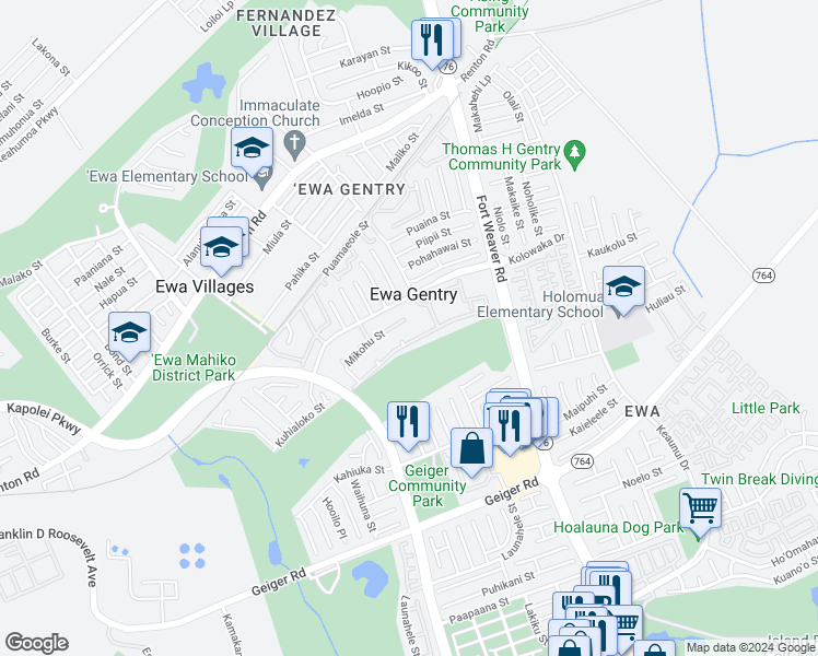 map of restaurants, bars, coffee shops, grocery stores, and more near 91-1057 Laaulu Street in Ewa Beach