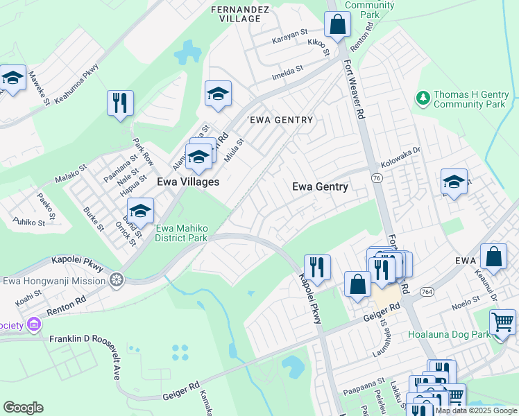 map of restaurants, bars, coffee shops, grocery stores, and more near 91-1019 Puaniu Street in Ewa Beach