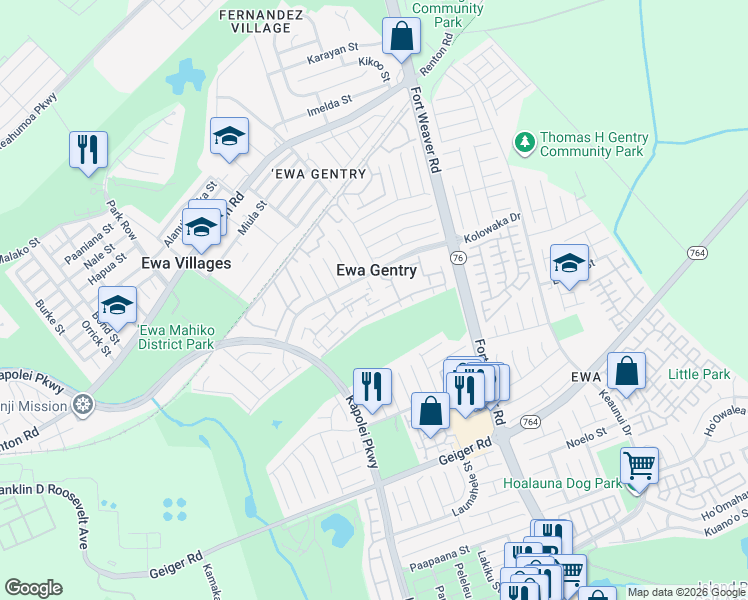 map of restaurants, bars, coffee shops, grocery stores, and more near 91-1057 Laaulu Street in Ewa Beach