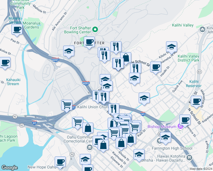 map of restaurants, bars, coffee shops, grocery stores, and more near 1121 Middle Street in Honolulu