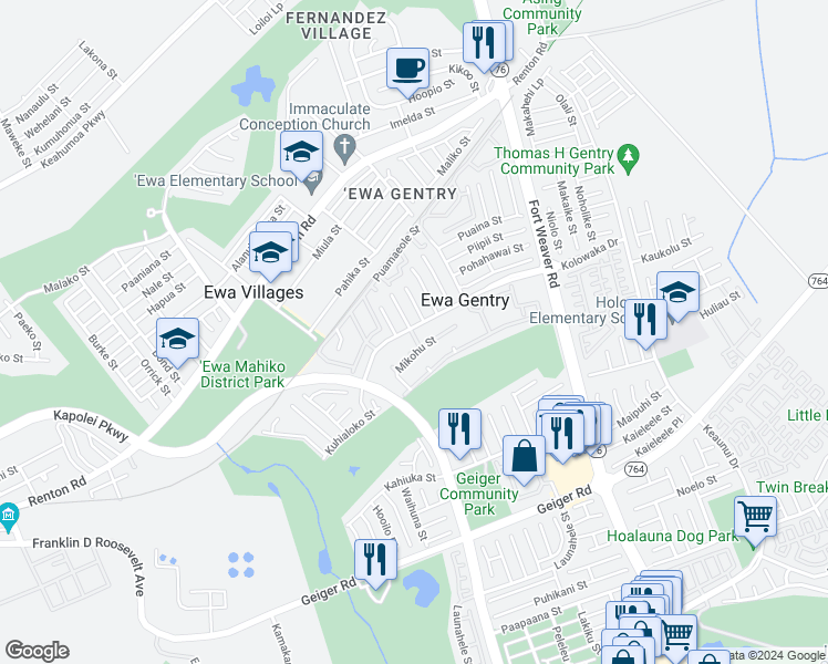 map of restaurants, bars, coffee shops, grocery stores, and more near Manawalea Street in Ewa Beach