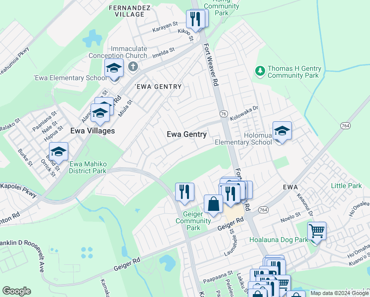 map of restaurants, bars, coffee shops, grocery stores, and more near 91-1057 Laaulu Street in Ewa Beach