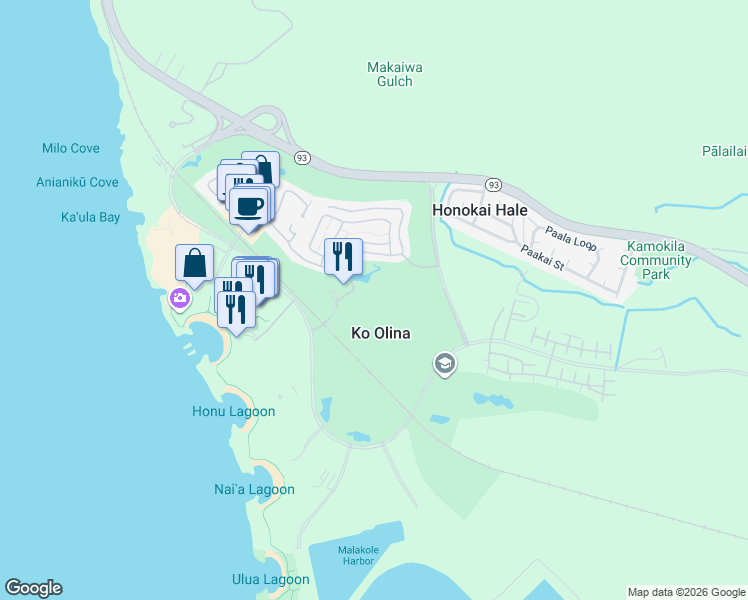map of restaurants, bars, coffee shops, grocery stores, and more near 92-1220 Ali'Inui Drive in Kapolei