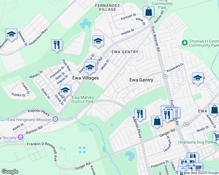 map of restaurants, bars, coffee shops, grocery stores, and more near 91-1019 Puaniu Street in Ewa Beach